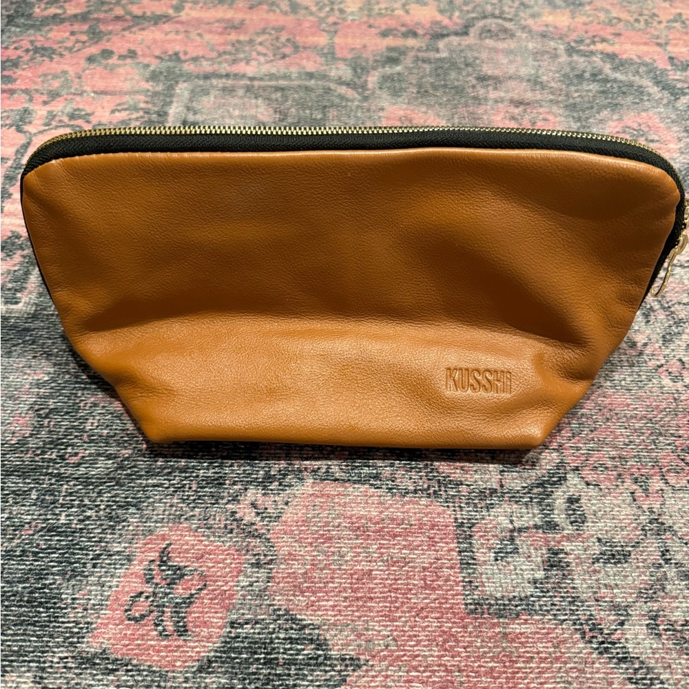 Kusshi Camel Leather Signature Makeup Bag and Clutch cover set